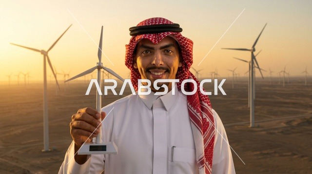رجل سعودي يحمل مجسم توربينات الرياح وقت الغروب