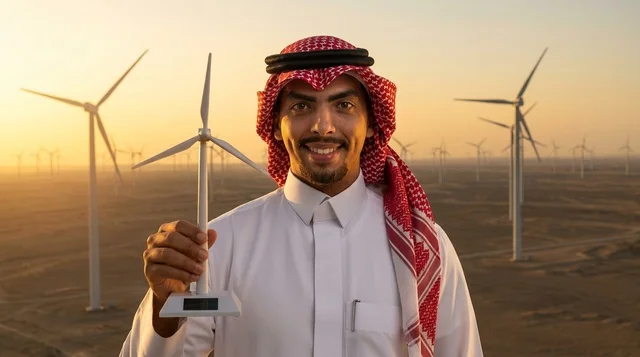 Saudi Man with Wind Turbine Model at Desert Wind Farm