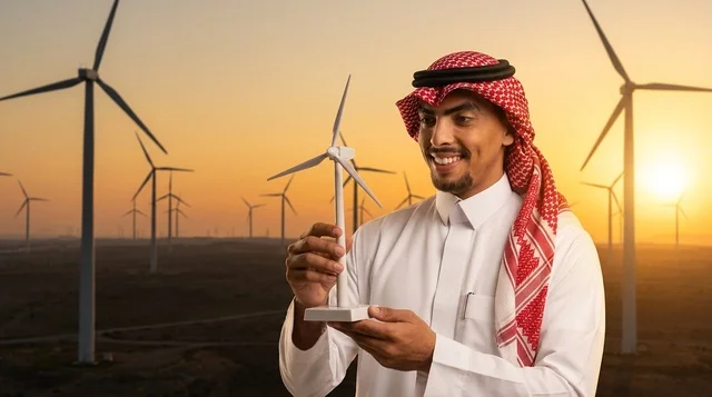 Saudi Man Holding Wind Turbine Model at Golden Sunset