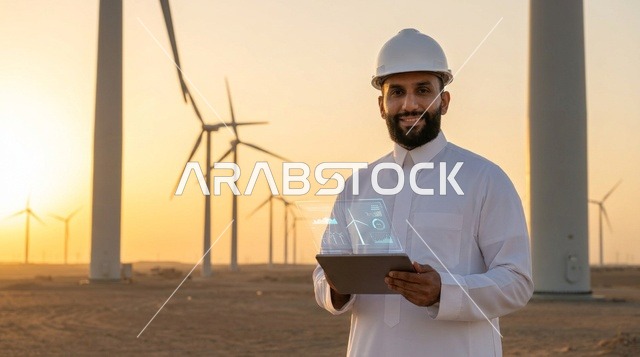 مهندس سعودي في حقل توربينات الرياح أثناء الغروب