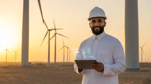Saudi Engineer at Wind Turbine Farm during Golden Hour