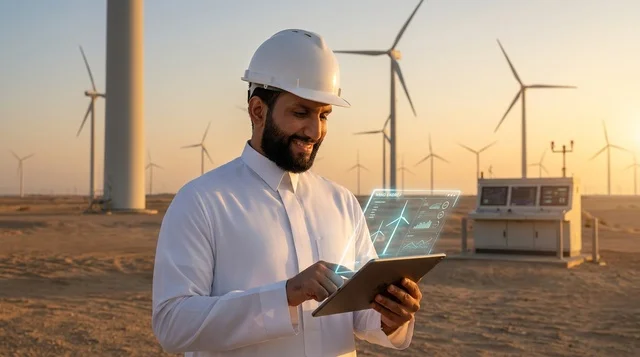 An Arab woman at a wind turbine farm at sunset.