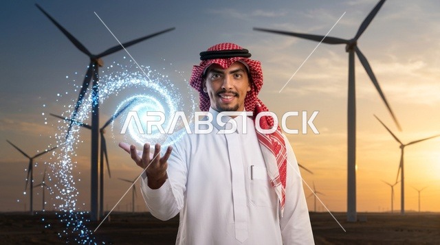 رجل سعودي عند توربينات الرياح مع رسم طاقة رقمي