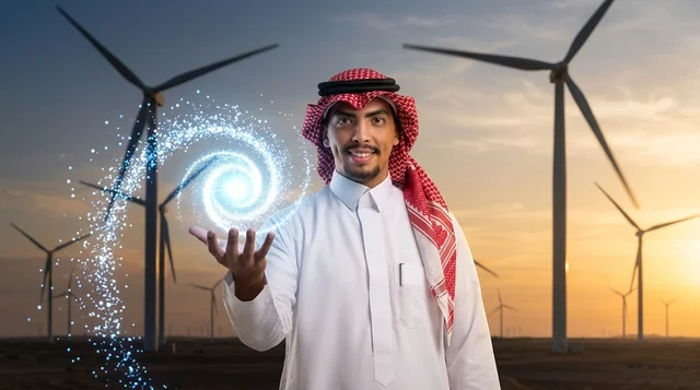 Saudi Man at Wind Turbine Farm with Energy Graphic