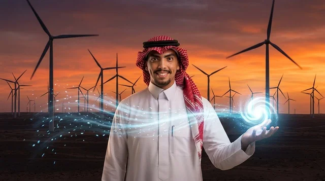 Saudi Man at Wind Turbine Farm with Renewable Energy