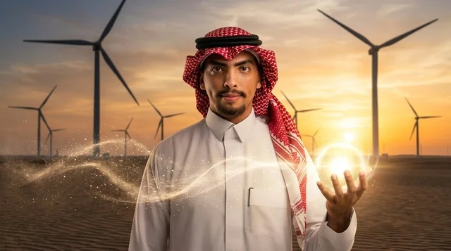 رجل سعودي يحمل كرة طاقة مضيئة في محطة طاقة الرياح بالصحراء