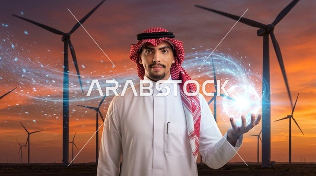 رجل سعودي بالزي التقليدي مع توربينات الرياح عند الغروب