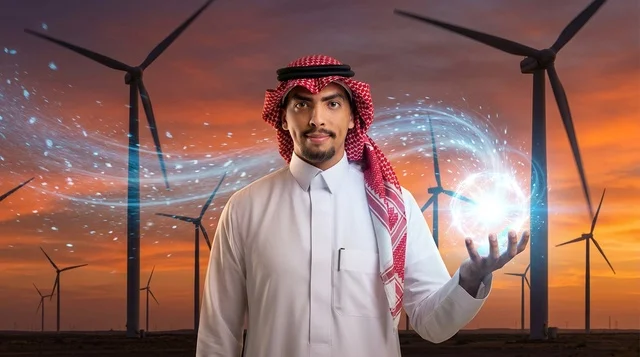 رجل سعودي بالزي التقليدي مع توربينات الرياح عند الغروب