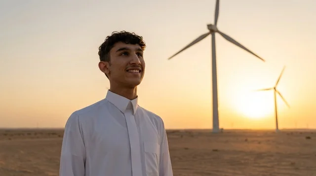 شاب سعودي بالثوب التقليدي عند توربينات الرياح وقت الغروب