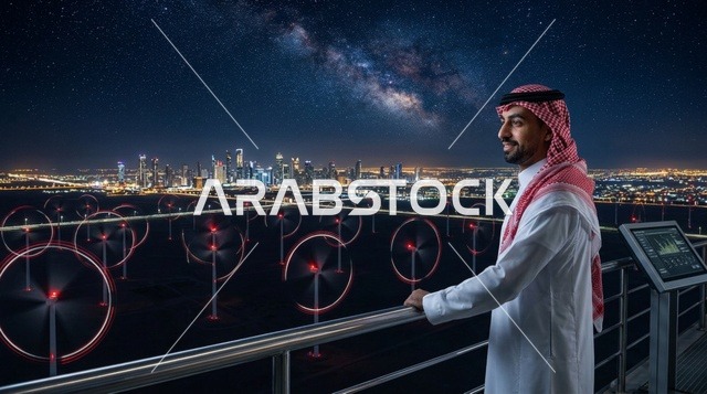 رجل سعودي في محطة طاقة الرياح مع أفق المدينة ليلاً