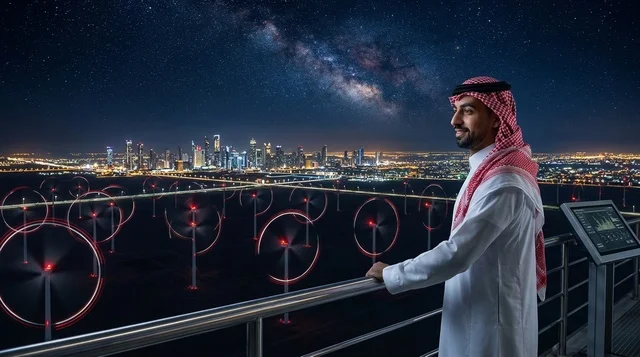 Saudi Man at Offshore Wind Farm with City Skyline at Night