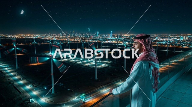 رجل سعودي مع توربينات الرياح وأفق المدينة ليلاً