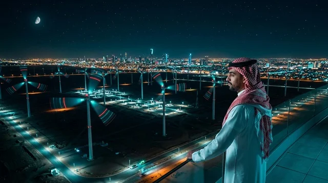 Saudi Man with Wind Turbines and City Skyline at Night