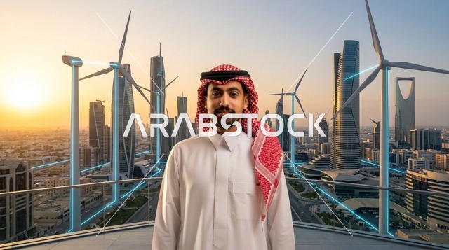 رجل سعودي في الرياض مع توربينات الطاقة المتجددة