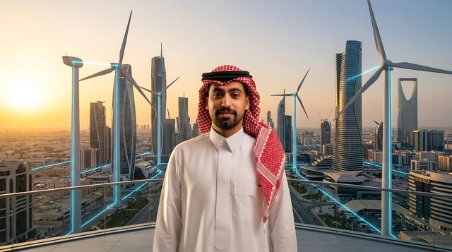 Saudi Man in Riyadh with Green Energy Wind Turbines