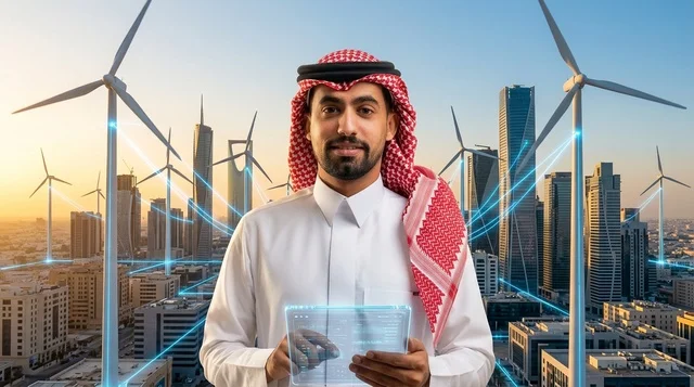 Saudi Man with Futuristic Energy Tech in Riyadh Skyline