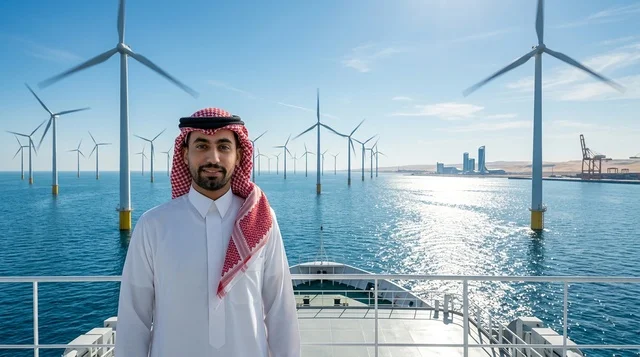 رجل سعودي في محطة توربينات الرياح البحرية