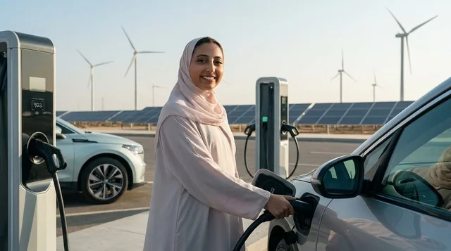 امرأة عربية تشحن سيارة كهربائية في محطة طاقة متجددة
