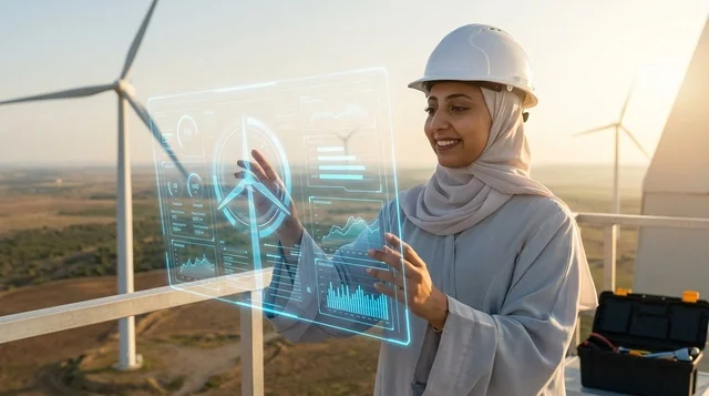 مهندسة عربية مع شاشة هولوغرام في محطة طاقة الرياح