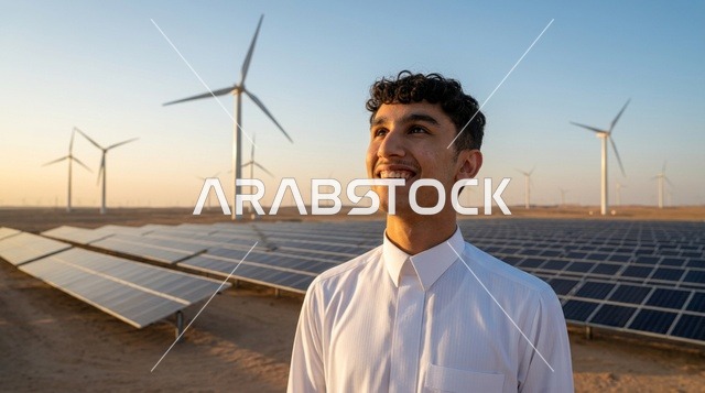 شاب سعودي بالثوب التقليدي في حقل الألواح الشمسية