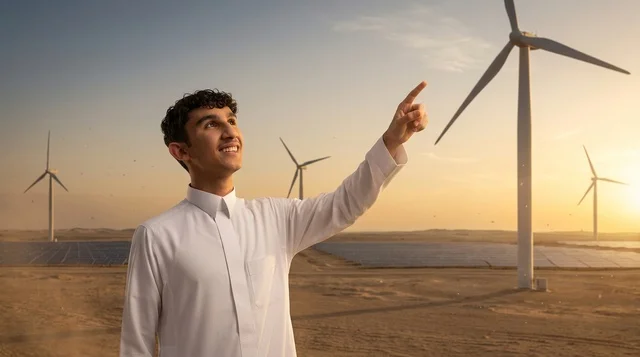 شاب سعودي بالثوب الأبيض في محطة طاقة الرياح عند الغروب