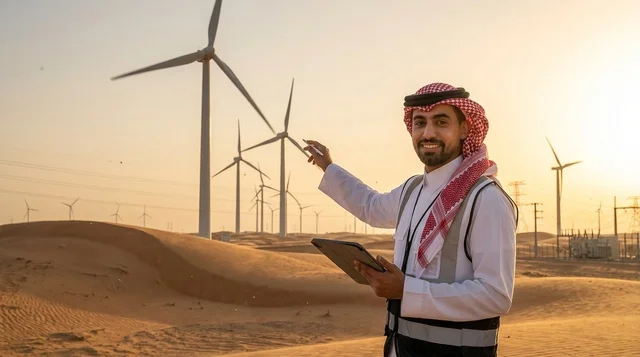 An Arab woman at a wind turbine farm at sunset.