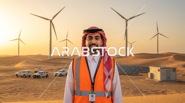 مهندس سعودي في محطة طاقة متجددة بالصحراء وقت الغروب