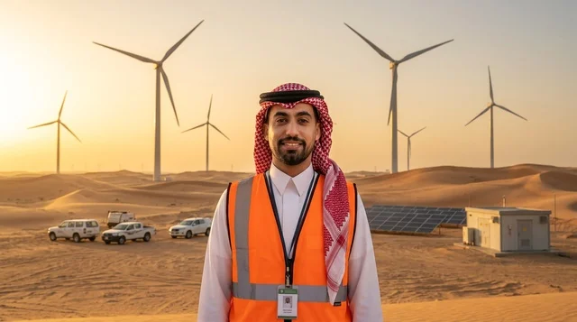 مهندس سعودي في محطة طاقة متجددة بالصحراء وقت الغروب
