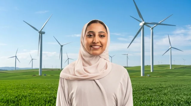 امرأة عربية سعودية عند توربينات الرياح للطاقة النظيفة