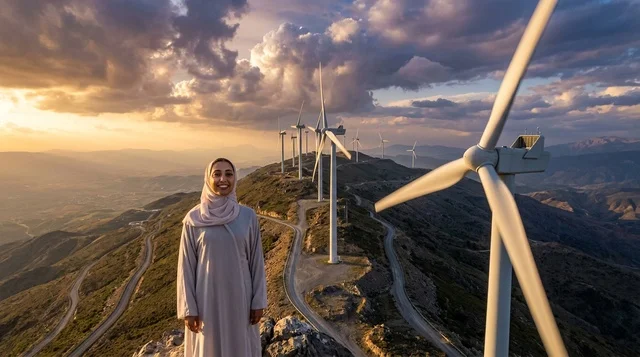 Arab Woman at Wind Turbine Farm during Sunset
