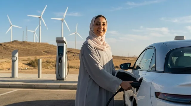 امرأة سعودية تشحن سيارة كهربائية بجانب توربينات الرياح