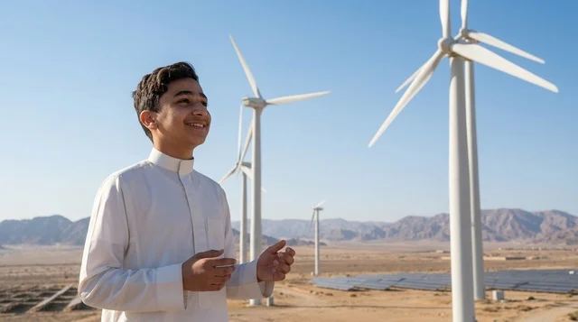 Saudi Boy in Traditional Thobe at Wind Turbine Farm
