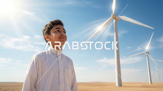 طفل سعودي بالثوب التقليدي في مزرعة توربينات الرياح