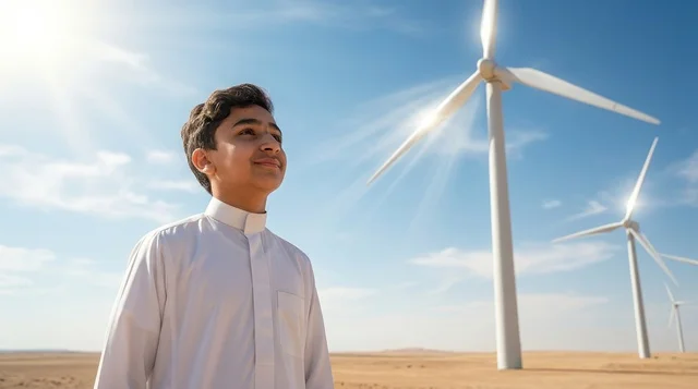 Saudi Boy in Thobe at Desert Wind Turbine Farm