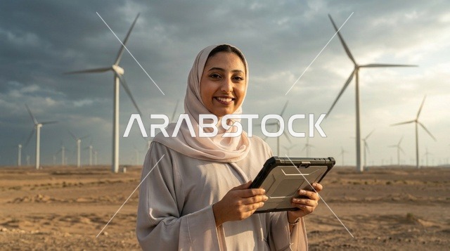 Saudi Female Engineer at Wind Turbine Farm with Tablet