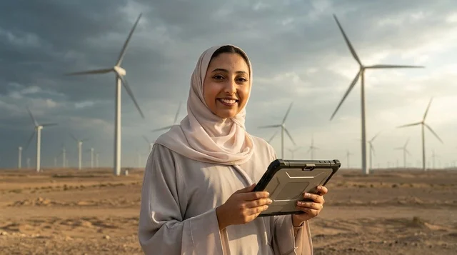 Saudi Female Engineer at Wind Turbine Farm with Tablet