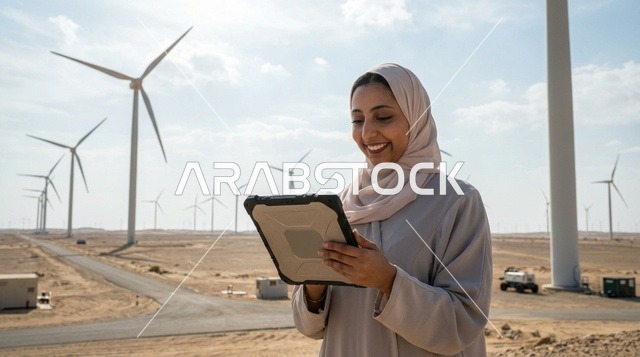 مهندسة عربية مع جهاز لوحي في محطة طاقة رياح صحراوية