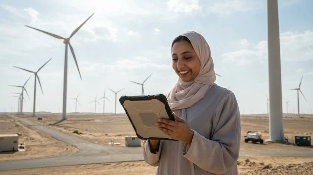 Arab Female Engineer with Tablet at Desert Wind Farm
