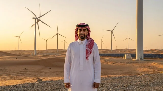 رجل سعودي باللباس التقليدي في محطة طاقة الرياح بالصحراء