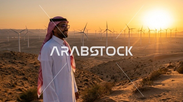 رجل سعودي عند توربينات الرياح وقت الغروب في الصحراء