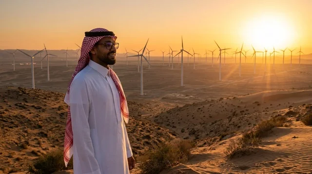 Saudi Man by Wind Turbines at Desert Sunset