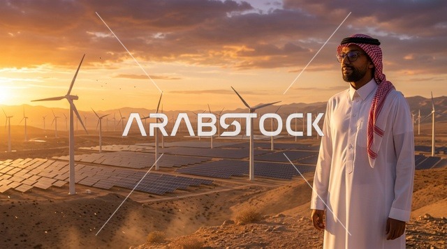 رجل سعودي عند توربينات الرياح وقت الغروب في الصحراء