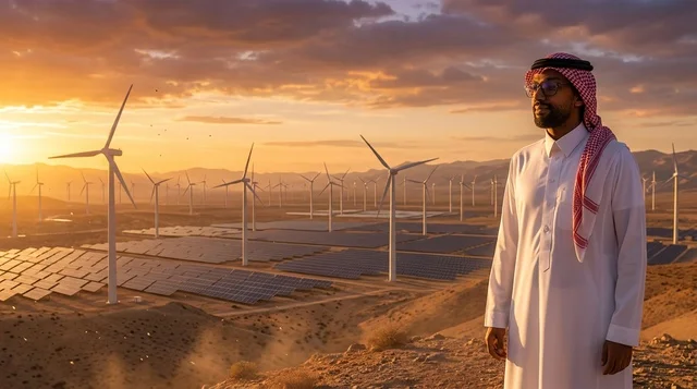 رجل سعودي عند توربينات الرياح وقت الغروب في الصحراء