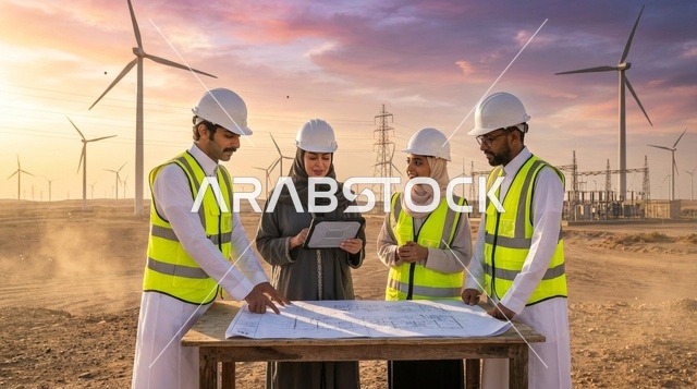 Saudi Engineers at Desert Wind Turbine Farm Sunset