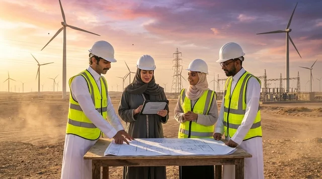 مهندسون سعوديون في محطة طاقة الرياح وقت الغروب