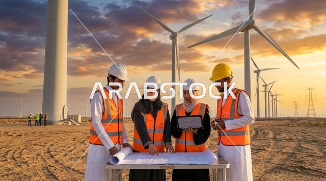 مهندسون سعوديون يعملون في محطة طاقة الرياح وقت الغروب