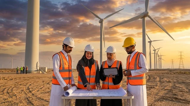 Saudi Engineers Working at Wind Turbine Farm at Sunset
