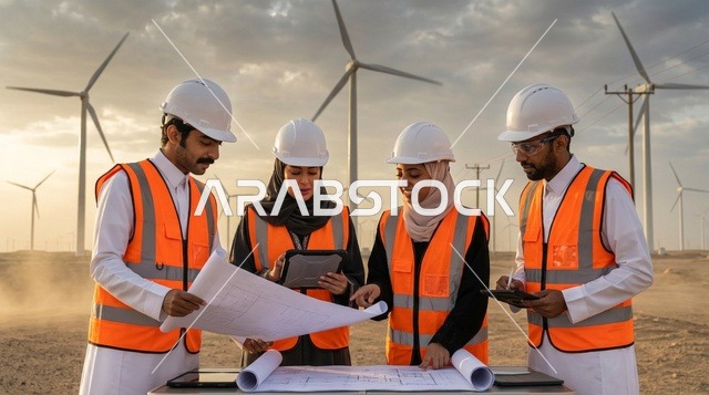 Saudi Engineers Discuss Plans at Wind Turbine Farm