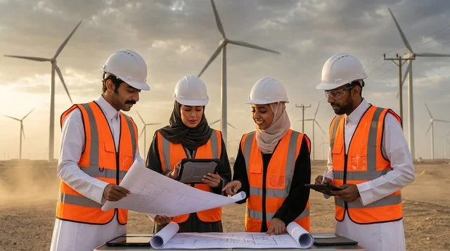 Saudi Engineers Discuss Plans at Wind Turbine Farm