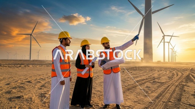 مهندسون سعوديون في محطة طاقة الرياح بالصحراء وقت الغروب